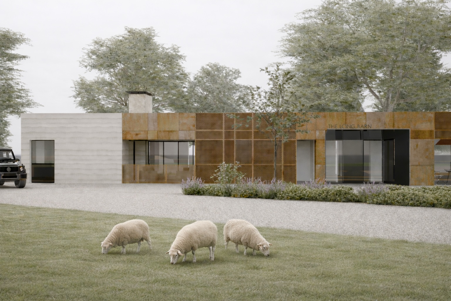 Contemporary single-storey rural home with timber cladding and large glazed openings set within a landscaped countryside setting.